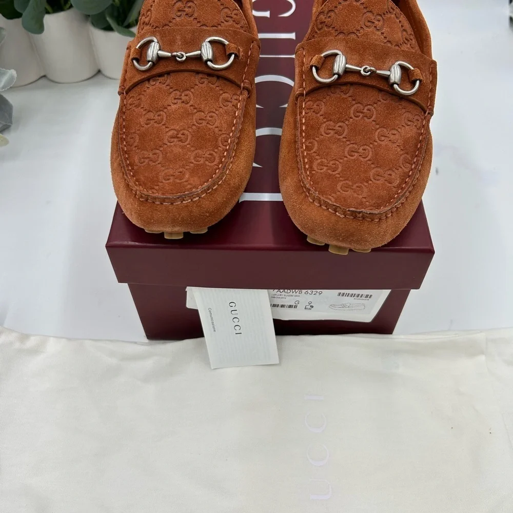 Men's Gucci horse bit suede GG loafers size 9 fits 10 US made in Italy